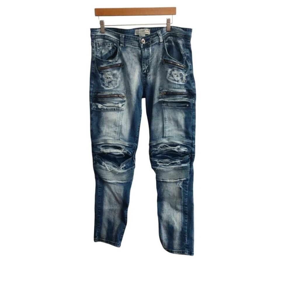 Bleeker & Mercer Mens Premium Distressed Blue Denim Jeans Size 38 X 34